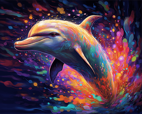 Image of Diamond painting of a colorful dolphin leaping through a vibrant abstract background