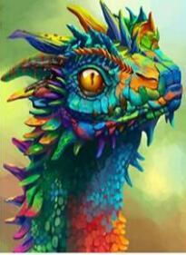 Image of Diamond painting of a colorful dragon's head with vibrant scales and a piercing eye