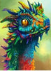 Diamond painting of a colorful dragon's head with vibrant scales and a piercing eye