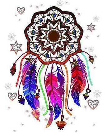 Image of Diamond painting of a colorful dreamcatcher with feathers and beads