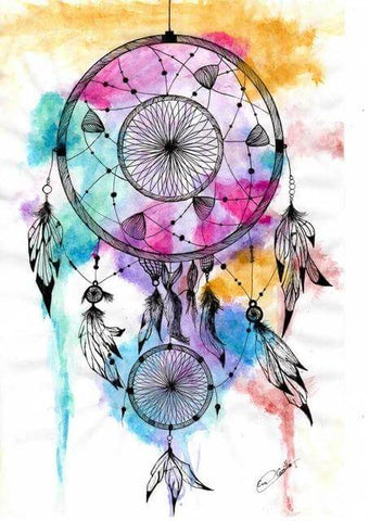 Image of Diamond painting of a colorful dreamcatcher with intricate patterns and feathers.