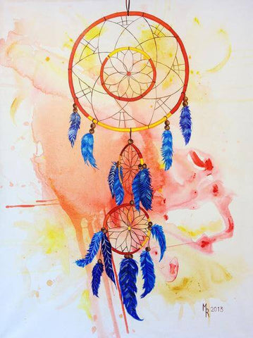 Image of Diamond Painting of a Colorful Dreamcatcher with Blue Feathers and a Watercolor Background