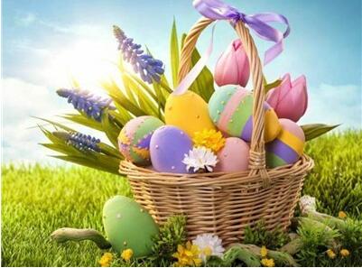 Image of Diamond painting of colorful Easter eggs in a wicker basket with flowers