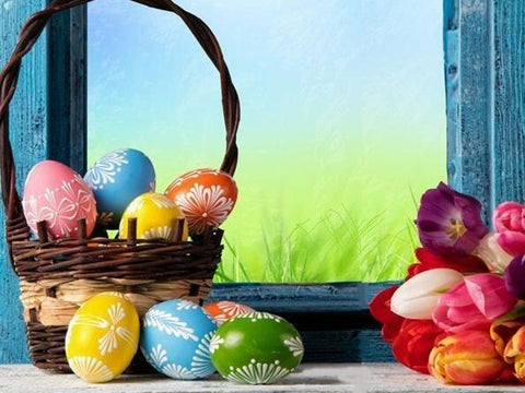 Image of Diamond painting of colorful Easter eggs in a basket on a windowsill, with a bouquet of tulips nearby