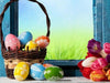 Diamond painting of colorful Easter eggs in a basket on a windowsill, with a bouquet of tulips nearby