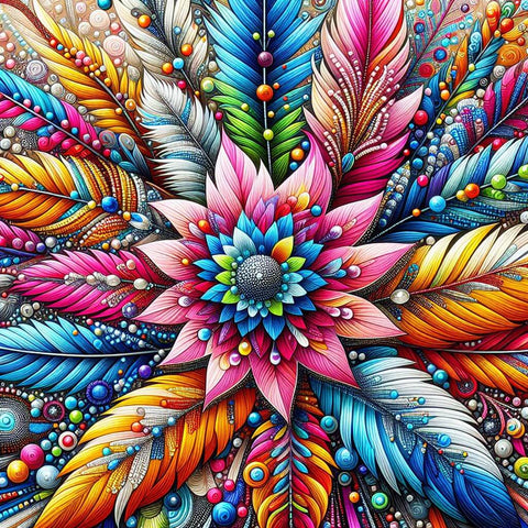 Image of Diamond artwork showcasing a colorful floral design made from feathers