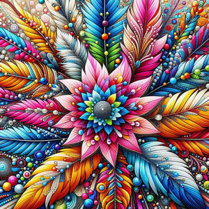 Diamond artwork showcasing a colorful floral design made from feathers