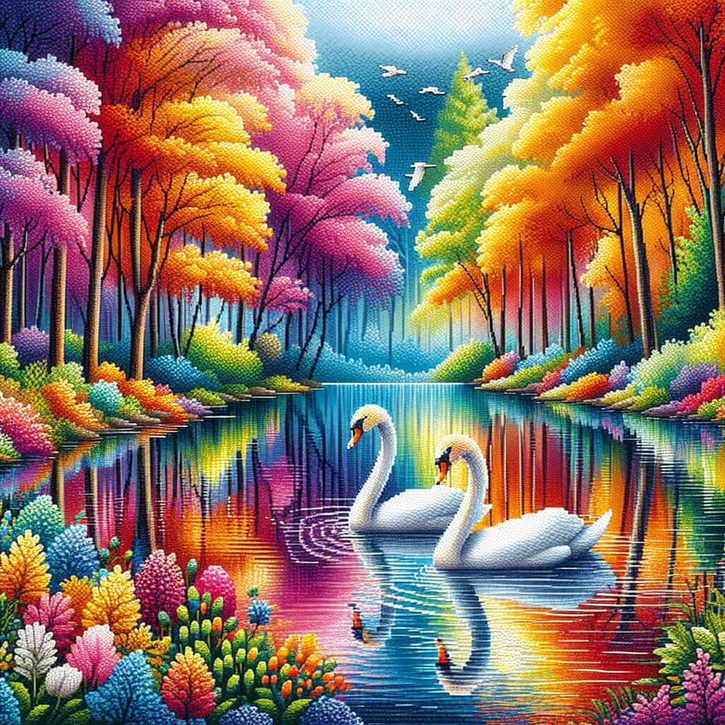Diamond painting of a colorful forest scene by a lake