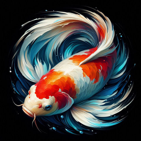 Image of Vibrant koi fish diamond painting featuring intricate details and a dark background.