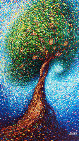 Image of Vibrant diamond painting of a colorful mosaic tree with swirling branches against a blue sky