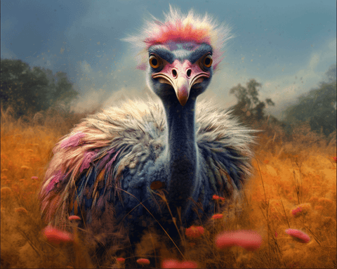 Image of Diamond painting of a colorful and abstract ostrich with vibrant feathers, standing in a field.