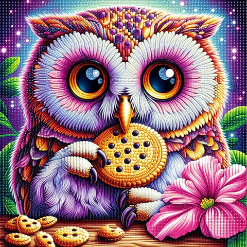 Image of Colorful Owl Enjoying a Biscuit Diamond Painting