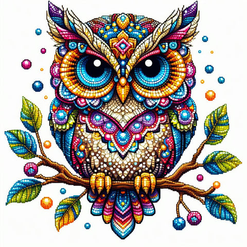 Image of Diamond painting of a colorful owl perched on a branch