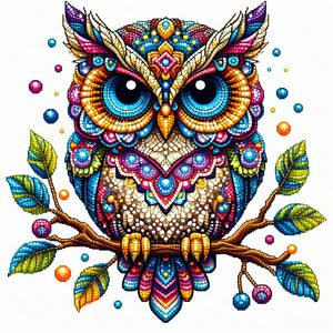Diamond painting of a colorful owl perched on a branch