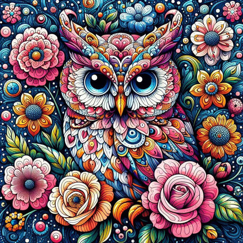 Image of Sparkling diamond art depicting a majestic owl surrounded by vibrant flowers