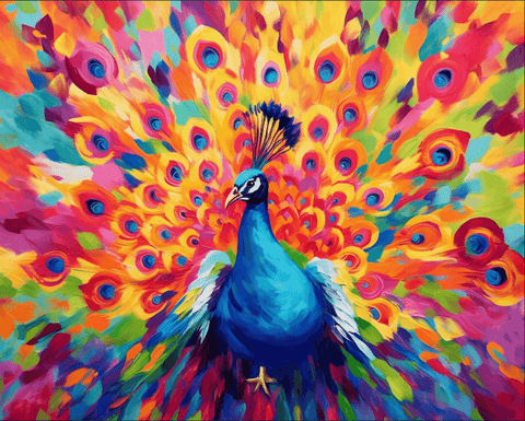 Image of Vibrant diamond painting of a peacock with iridescent feathers in a kaleidoscope of colors.