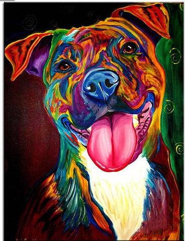 Image of Diamond painting of a colorful pop art dog with a big tongue