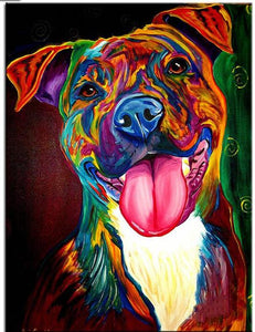 Diamond painting of a colorful pop art dog with a big tongue