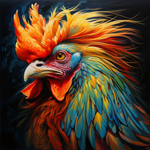 Image of Diamond art portrait of a vibrant rooster.