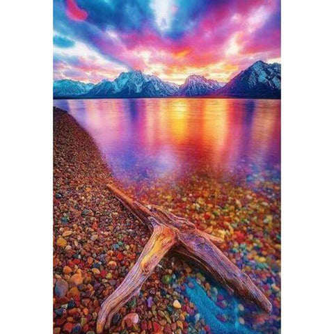 Image of Diamond Painting of a Colorful Sunset Over a Mountain Lake with a Driftwood