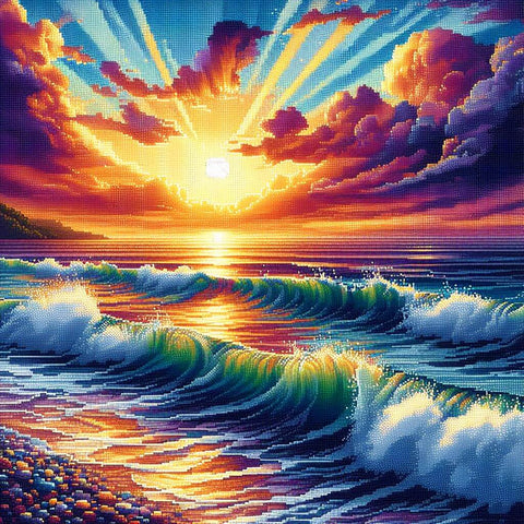 Image of Sparkling diamond painting of a colorful sunset reflecting on a tranquil sea