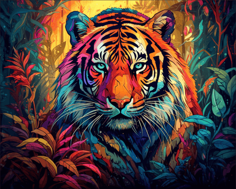 Image of Diamond painting of a colorful tiger with stripes in shades of orange, black, and white.