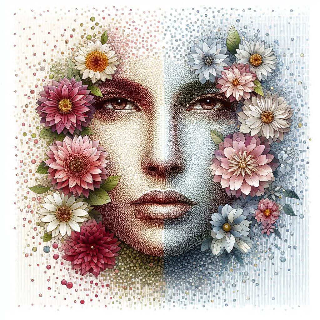 Diamond painting of a colorful face surrounded by beautiful flowers.