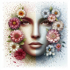 Diamond painting of a colorful face surrounded by beautiful flowers.