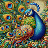 Diamond painting of a colorful peacock with intricate details.