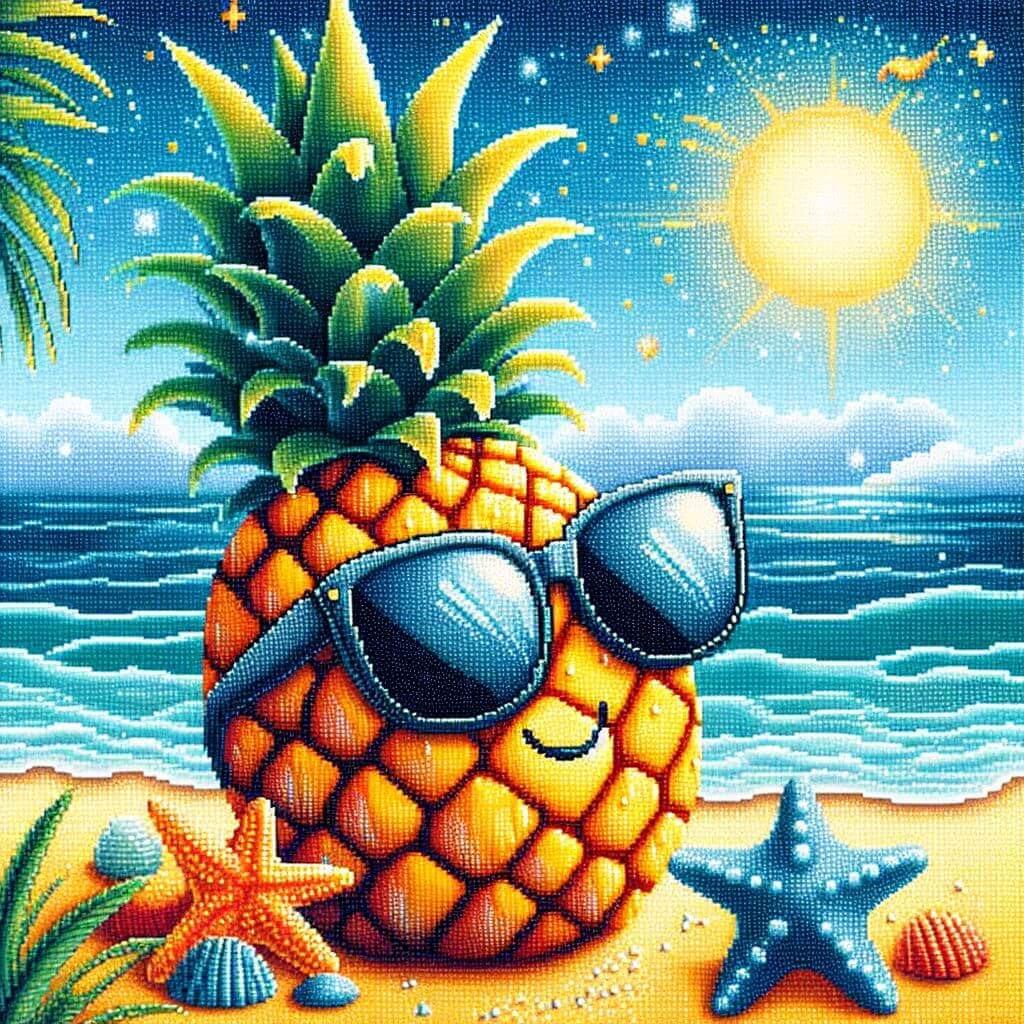 Diamond painting of a cool pineapple wearing sunglasses relaxing on the beach.