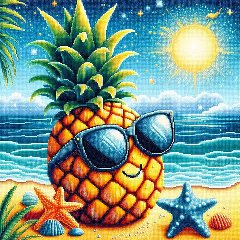 Image of Diamond painting of a cool pineapple wearing sunglasses relaxing on the beach.