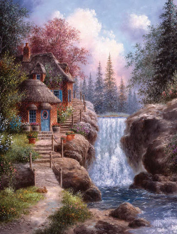 Image of Diamond painting depicting a picturesque countryside house nestled beside a cascading waterfall.