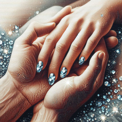 Image of Diamond painting depicting a romantic scene of a couple holding hands, with the woman's nails sparkling with colorful diamonds.