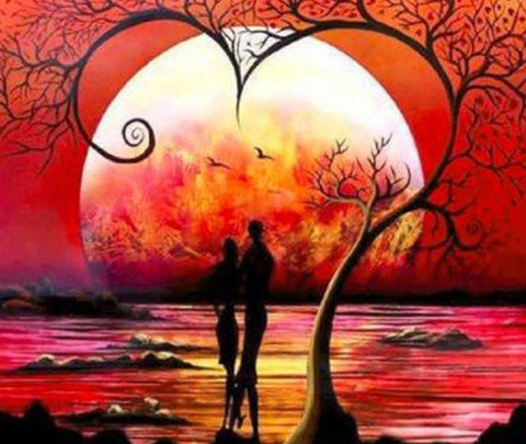 Image of Diamond Painting of a Couple Silhouetted Against a Heart-Shaped Sunset