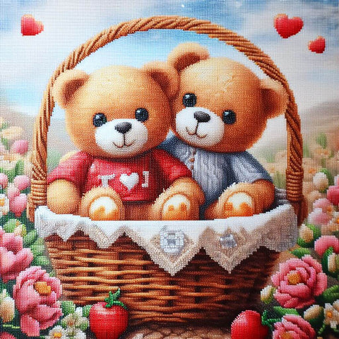 Image of adorable diamond painting of two teddy bears cuddling in a basket with hearts and flowers