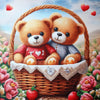 adorable diamond painting of two teddy bears cuddling in a basket with hearts and flowers