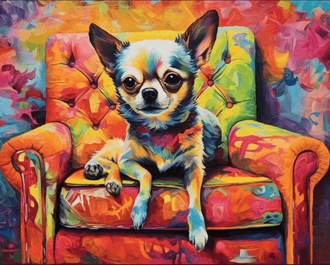 Image of Diamond painting of a short-haired Chihuahua perched on a cozy couch.