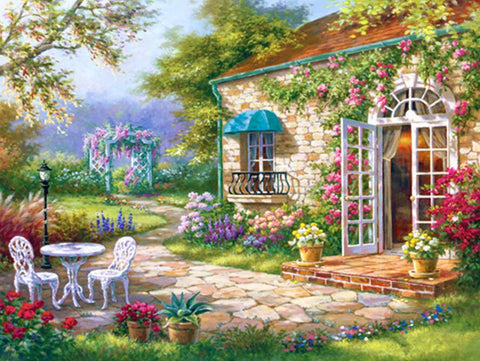 Image of Diamond painting of a cozy cottage surrounded by colorful flowers and a garden