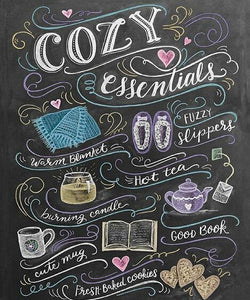 Diamond painting of a chalkboard with the words "Cozy Essentials" surrounded by cozy-themed images, such as a blanket, slippers, hot tea, and a book.