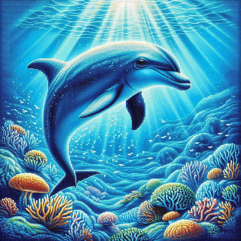 Image of Sparkling diamond art featuring a realistic dolphin gliding through clear blue water. 