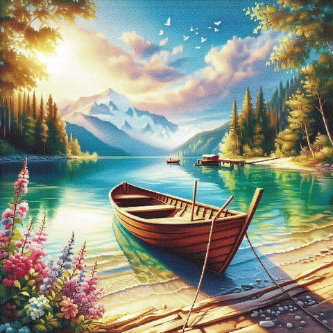 Image of crystal clear lake mountain landscape boat diamond painting