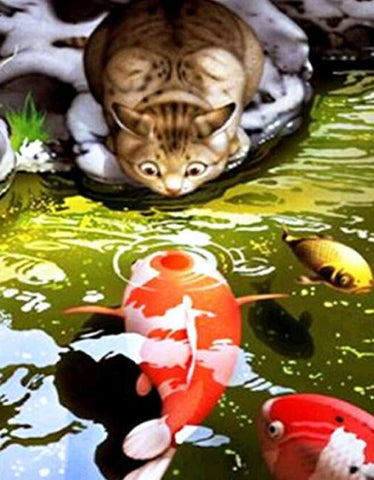 Image of Diamond painting of a curious cat staring at a koi fish in a pond.