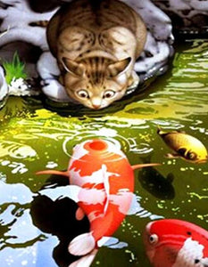 Diamond painting of a curious cat staring at a koi fish in a pond.