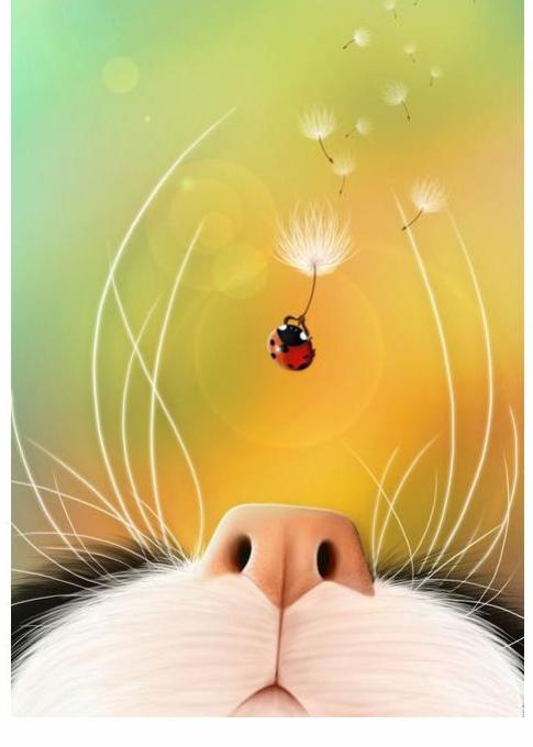 Diamond painting: A curious cat investigates a ladybug.