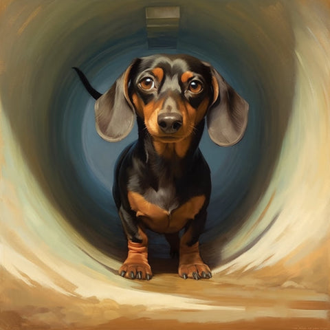 Image of Curious black and tan Dachshund puppy peering out from a cylindrical tunnel, showcasing its captivating gaze.