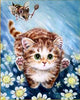 Diamond painting of a curious kitten chasing a mouse with bee wings, surrounded by flowers.