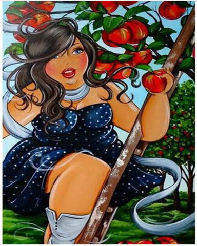 Image of A curvy woman picking apples from a tree.