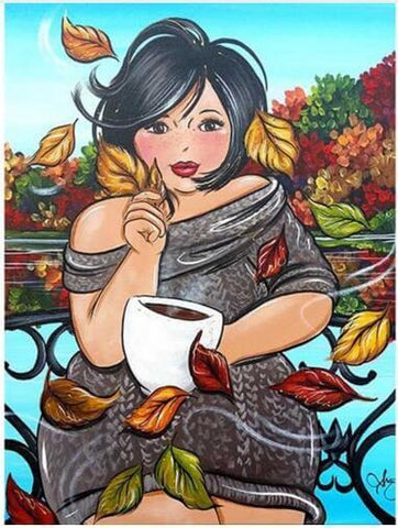 Image of A curvy woman enjoying a cup of coffee on a bench surrounded by autumn leaves.