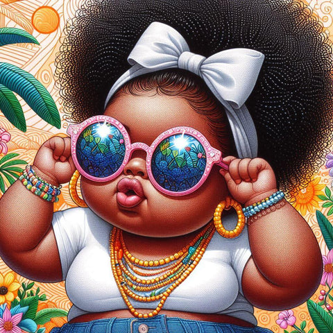 Image of adorable diamond painting of a young Black girl with pink sunglasses and a big afro