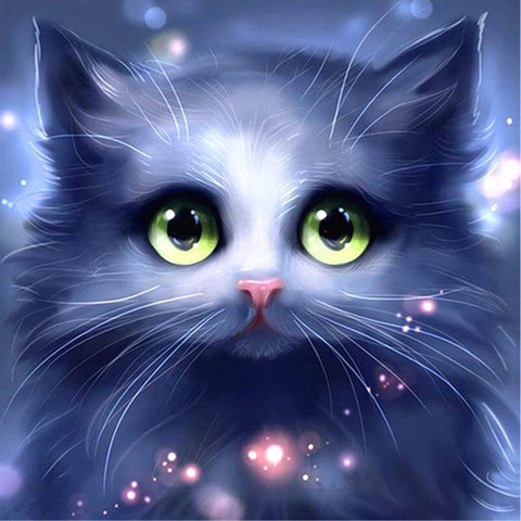 Image of Diamond painting of a cute blue kitten with big green eyes